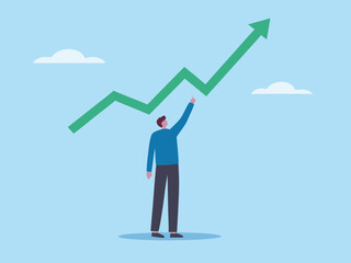 Man reaching for a rising green arrow graph indicating business growth and success