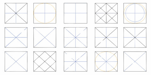 Collection of geometric construction diagrams with squares circles and intersecting lines for design and education