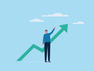 Fototapeta premium Man celebrating success as he stands on a rising green arrow graph against a blue sky with clouds