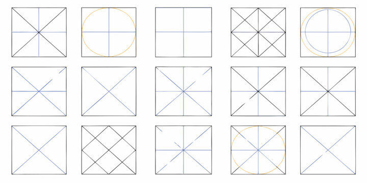 Collection of geometric construction diagrams with squares circles and intersecting lines for design and education