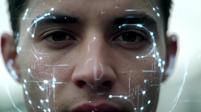 Man with face data overlay. Connection mapping and scanning in a futuristic setting. Use for tech
