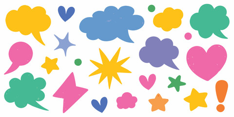 Collection of colorful hand drawn speech bubbles hearts stars and exclamation marks on white background