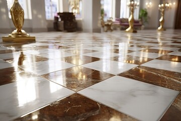 Luxurious checkered floor made of polished marble tiles reflecting golden light from candelabra and lamps, creating an opulent atmosphere in a palace interior
