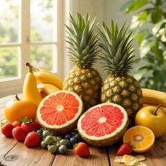Fresh tropical fruits on wooden table with summer sunlight, healthy lifestyle theme