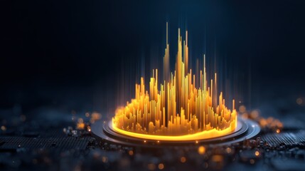 A glowing soundwave visualization in vibrant orange, showcasing data spikes against a dark technological background.