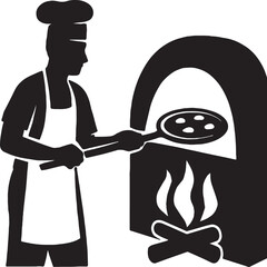 A black-and-white silhouette illustration showing a chef wearing a traditional hat and apron, placing a pizza into a domed wood-fired oven using a pizza peel. Flames and logs are visible beneath the o