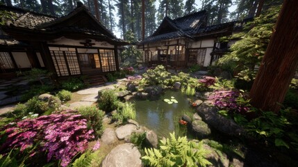 Peaceful Japanese garden scene. Focus on a serene pond surrounded by rocks, flowering bushes, and traditional buildings under a forest canopy