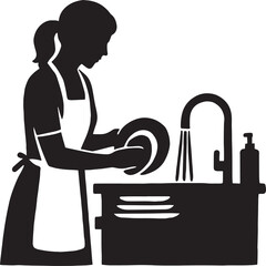 A black-and-white silhouette illustration showing a person wearing an apron and washing a plate under running water at a kitchen sink. Additional plates are stacked on the counter, and a soap dispense