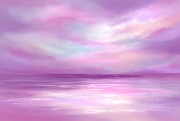 Obraz premium Dreamy, pastel seascape. Gentle waves mirror soft pink, purple, and white skies. Horizon fades in the hazy distance. Calming, serene artwork
