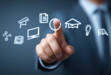 A man's hand interacts with glowing, minimalist icons representing knowledge and learning, hovering in the air against a blurred suit background