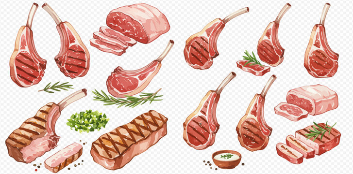 Watercolor illustration set showcasing various cuts of raw and grilled red meat, including lamb chops, steaks, and roasts, accompanied by fresh rosemary and spices.
