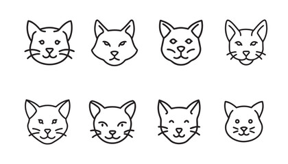 Set of Simple Cat Facial Expressions in Line Drawing Style