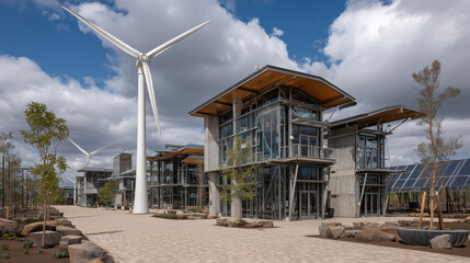 Wind turbines and modern buildings in a sustainable energy park under a cloudy blue sky view from ground