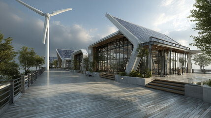 Modern buildings with solar panels and a wind turbine on a sunny day landscape architecture design