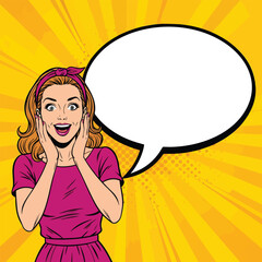 Pop art illustration of a surprised and excited woman with a blank speech bubble for text.