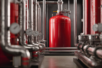 Sleek red and gray industrial plant interior showcasing air compressor gas main equipment