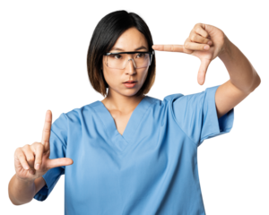 Asian woman doctor png mockup gesturing toward transparent screen