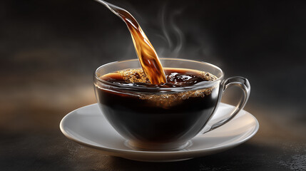 Coffee being poured into a clear glass cup with saucer on a dark background with steam rising up