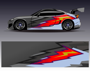 Obraz premium Car wrap design vector. Graphic abstract stripe racing background designs for vehicle, rally, race, adventure and car racing livery