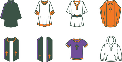 Collection of Garments with Cross, Includes Robe, Choir Dress, Clerical Stole, Tshirt