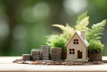 Miniature house beside stacked coins resembling a staircase, with green plants, sits on a wooden surface against a soft, blurred green background