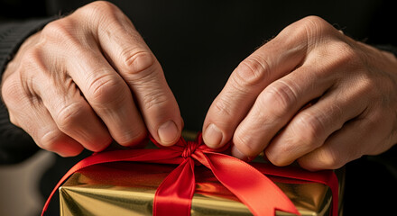 Close-up of elderly hands tying a red ribbon on a gift box, festive preparation, cozy indoor setting, copy space