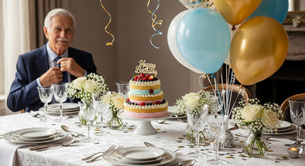 Elderly man adjusting his tie at a festive birthday table with a colorful cake and balloons