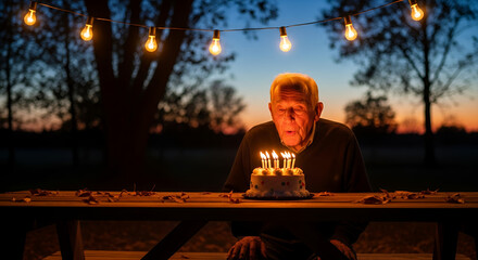 Elderly man gazing at his birthday cake with lit candles in a warm, festive atmosphere