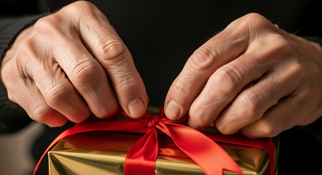Close-up of elderly hands tying a red ribbon on a gift box, festive preparation, cozy indoor setting, copy space