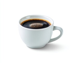 Fototapeta premium A white ceramic mug filled with dark, steaming coffee rests on a clean white surface, casting a soft shadow