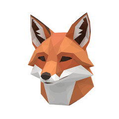 Obraz premium Geometric low poly illustration of a red fox head, modern digital art of a wild animal in a minimalist polygonal style isolated on a white background