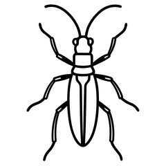 Stylized line art illustration of a beetle with long antennae and legs in a clean silhouette