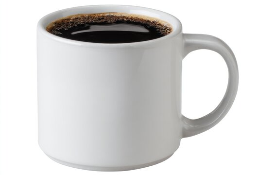 A white mug filled with dark coffee. The coffee surface has light froth. The cup is angled slightly towards the right on a white background - Powered by Adobe