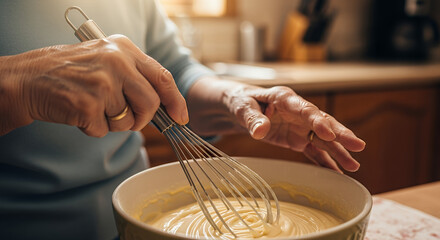 Elderly woman mixing cake batter in the kitchen at home