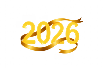 Golden 2026 sign with elegant ribbon on transparent background