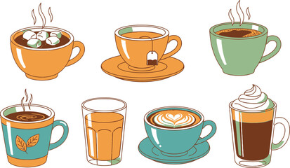 Colorful Assorted Tea and Coffee Cups, Mugs, and Drink Glasses Transparent BG
