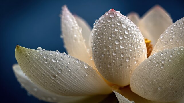 Close-up of a white lotus flower with water droplets, set against a soft blue background, showing delicate petals and intricate texture
