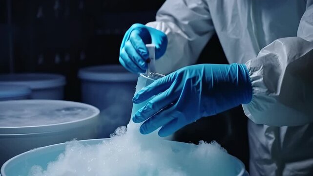 Medical worker puts test tube with egg donation in cryo storage, cryopreservation of sample for vitro fertilization in IVF lab