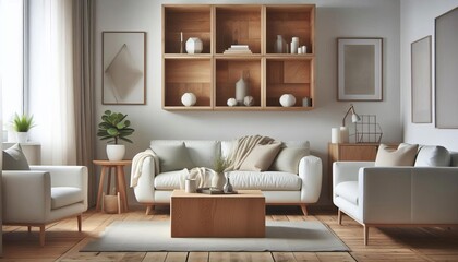 Modern living room with white sofa, armchair, wooden shelves, and coffee table