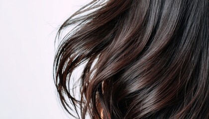 Fototapeta premium Close-up of dark, shiny, wavy hair against a bright white background, showcasing its texture and depth, flowing with movement and visual interest