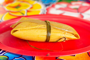 Delicious mexican tamale served on a red plate during september celebrations in Mexico