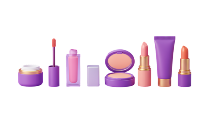 Collection of elegant purple and pink makeup products displayed against a clean black background