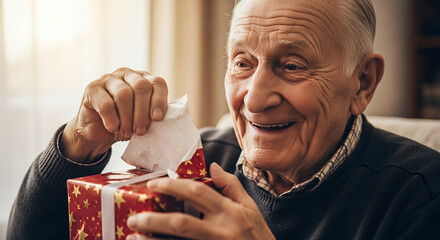 Elderly man happily opening a Christmas gift at home