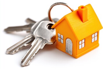 An orange toy house and keys are placed together on a plain white surface, reflecting light. Focus is on the toy house's details