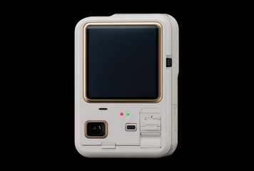 A cream-colored, retro-style digital camera is presented against a black background. It features a large rectangular screen and a lens in the corner
