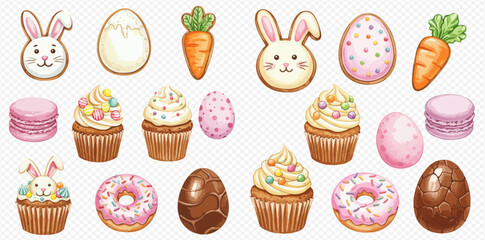 A delightful collection of watercolor-style Easter treats, including bunny faces, decorated eggs, cupcakes, donuts, macarons, and carrots.