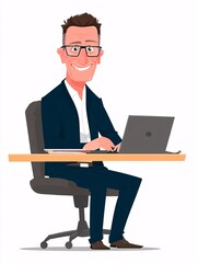 illustration of a happy, confident middle-aged businessman sitting at a modern office desk. He is wearing glasses and smiling as he looks at his laptop screen. The scene conveys a sense of success, 