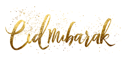 Golden eid mubarak text with glitter isolated on transparent background