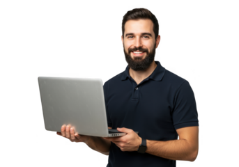 Smiling man holding a laptop isolated on transparent background