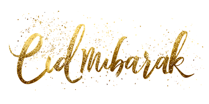 Golden eid mubarak text with glitter isolated on transparent background